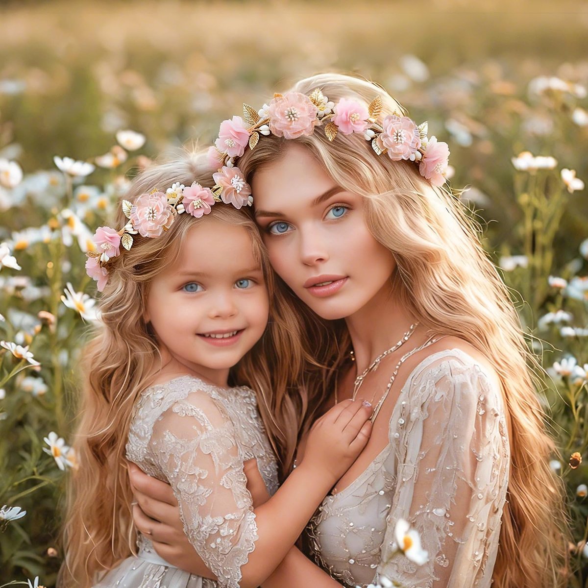 ZWLIYCHN Hot Pink Flower Crown Headband – Adjustable Fairy Flower Crown with Golden Leaf, Bohemia Floral Halo for Boho Wedding, Flower Girl, Maternity Photo Props - görsel 8