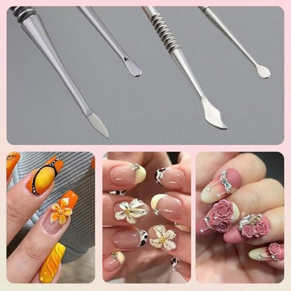 Fcozpjk Nail Art Sculpture Pen Set - 3PCS Double-Head Stainless Steel 3D Gel Art Sculpting Pens with Dotting Tools for Acrylic Powder Flower Design, Builder Gel, Chrome Powder Applicator