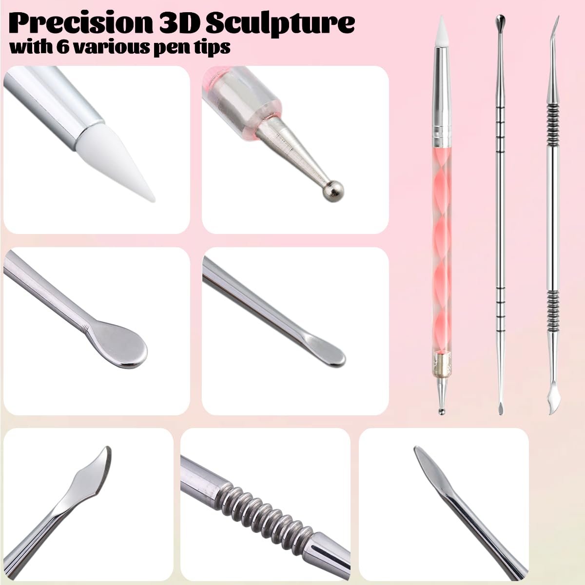 Fcozpjk Nail Art Sculpture Pen Set - 3PCS Double-Head Stainless Steel 3D Gel Art Sculpting Pens with Dotting Tools for Acrylic Powder Flower Design, Builder Gel, Chrome Powder Applicator - görsel 5