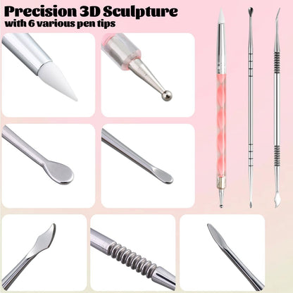 Fcozpjk Nail Art Sculpture Pen Set - 3PCS Double-Head Stainless Steel 3D Gel Art Sculpting Pens with Dotting Tools for Acrylic Powder Flower Design, Builder Gel, Chrome Powder Applicator
