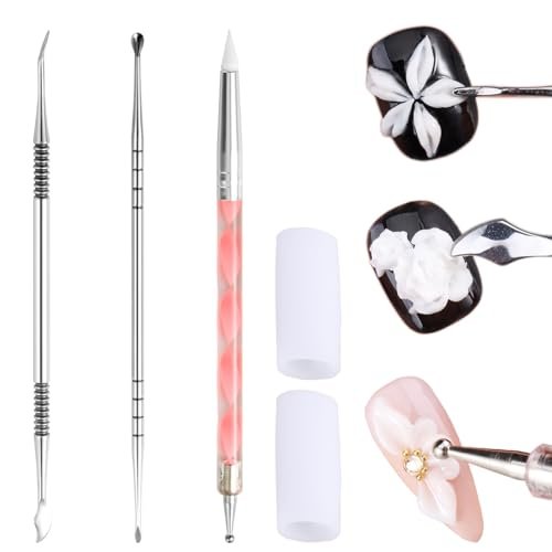 Fcozpjk Nail Art Sculpture Pen Set - 3PCS Double-Head Stainless Steel 3D Gel Art Sculpting Pens with Dotting Tools for Acrylic Powder Flower Design, Builder Gel, Chrome Powder Applicator - görsel 2