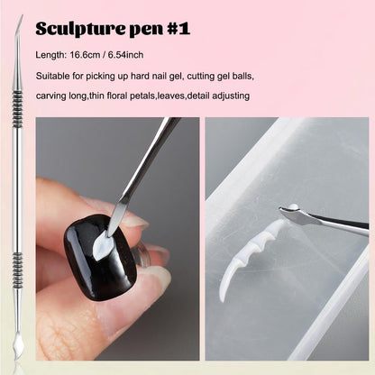 Fcozpjk Nail Art Sculpture Pen Set - 3PCS Double-Head Stainless Steel 3D Gel Art Sculpting Pens with Dotting Tools for Acrylic Powder Flower Design, Builder Gel, Chrome Powder Applicator