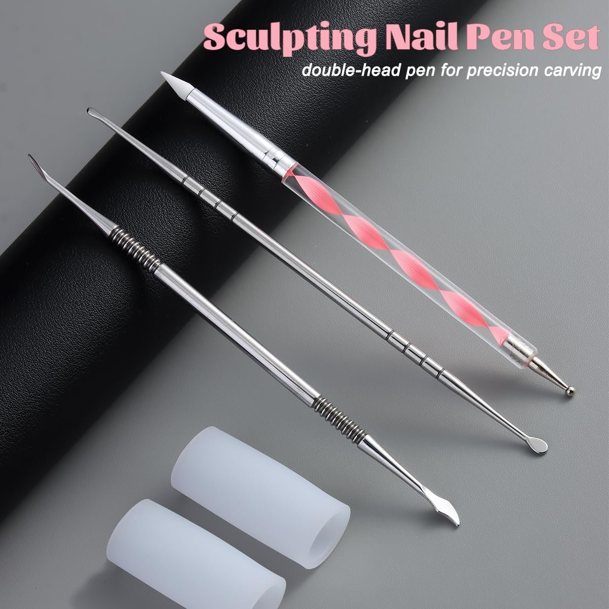 Fcozpjk Nail Art Sculpture Pen Set - 3PCS Double-Head Stainless Steel 3D Gel Art Sculpting Pens with Dotting Tools for Acrylic Powder Flower Design, Builder Gel, Chrome Powder Applicator - görsel 3
