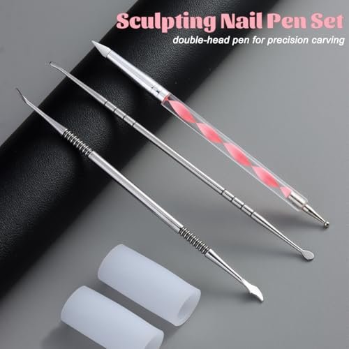 Fcozpjk Nail Art Sculpture Pen Set - 3PCS Double-Head Stainless Steel 3D Gel Art Sculpting Pens with Dotting Tools for Acrylic Powder Flower Design, Builder Gel, Chrome Powder Applicator - görsel 4