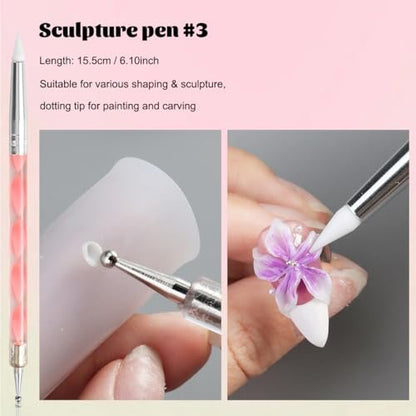 Fcozpjk Nail Art Sculpture Pen Set - 3PCS Double-Head Stainless Steel 3D Gel Art Sculpting Pens with Dotting Tools for Acrylic Powder Flower Design, Builder Gel, Chrome Powder Applicator