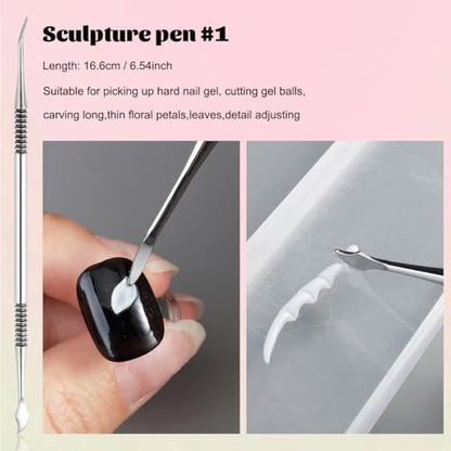 Fcozpjk Nail Art Sculpture Pen Set - 3PCS Double-Head Stainless Steel 3D Gel Art Sculpting Pens with Dotting Tools for Acrylic Powder Flower Design, Builder Gel, Chrome Powder Applicator