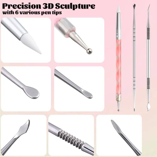 Fcozpjk Nail Art Sculpture Pen Set - 3PCS Double-Head Stainless Steel 3D Gel Art Sculpting Pens with Dotting Tools for Acrylic Powder Flower Design, Builder Gel, Chrome Powder Applicator - görsel 6