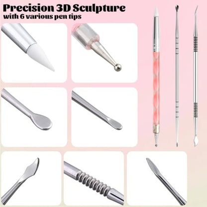 Fcozpjk Nail Art Sculpture Pen Set - 3PCS Double-Head Stainless Steel 3D Gel Art Sculpting Pens with Dotting Tools for Acrylic Powder Flower Design, Builder Gel, Chrome Powder Applicator