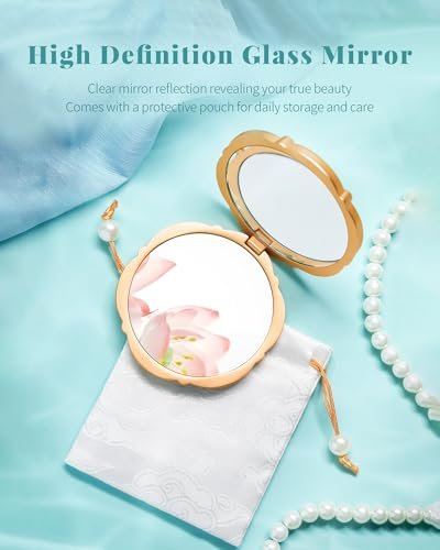 Imperblooms Lotus Bloom Compact Mirror – Small 2X Magnifying Makeup Mirror for Purse, Mini Portable Folding Blue Mirror, Chinese Style Gift for Women & Girls Avelisse