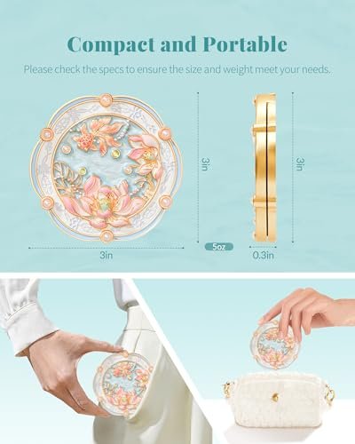 Imperblooms Lotus Bloom Compact Mirror – Small 2X Magnifying Makeup Mirror for Purse, Mini Portable Folding Blue Mirror, Chinese Style Gift for Women & Girls Avelisse