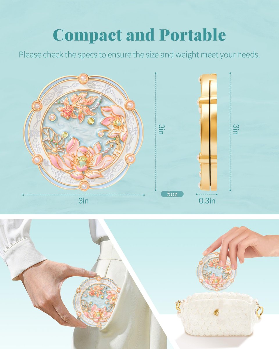 Imperblooms Lotus Bloom Compact Mirror – Small 2X Magnifying Makeup Mirror for Purse, Mini Portable Folding Blue Mirror, Chinese Style Gift for Women & Girls Avelisse