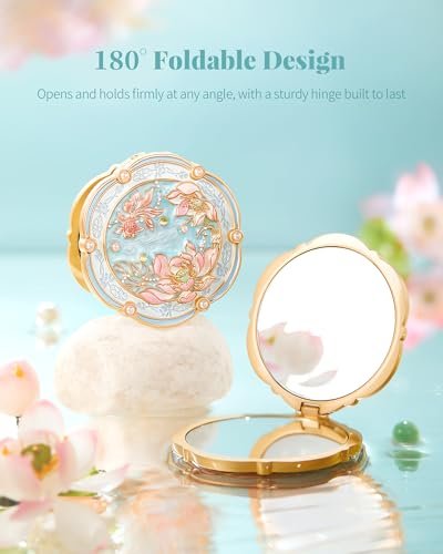Imperblooms Lotus Bloom Compact Mirror – Small 2X Magnifying Makeup Mirror for Purse, Mini Portable Folding Blue Mirror, Chinese Style Gift for Women & Girls Avelisse