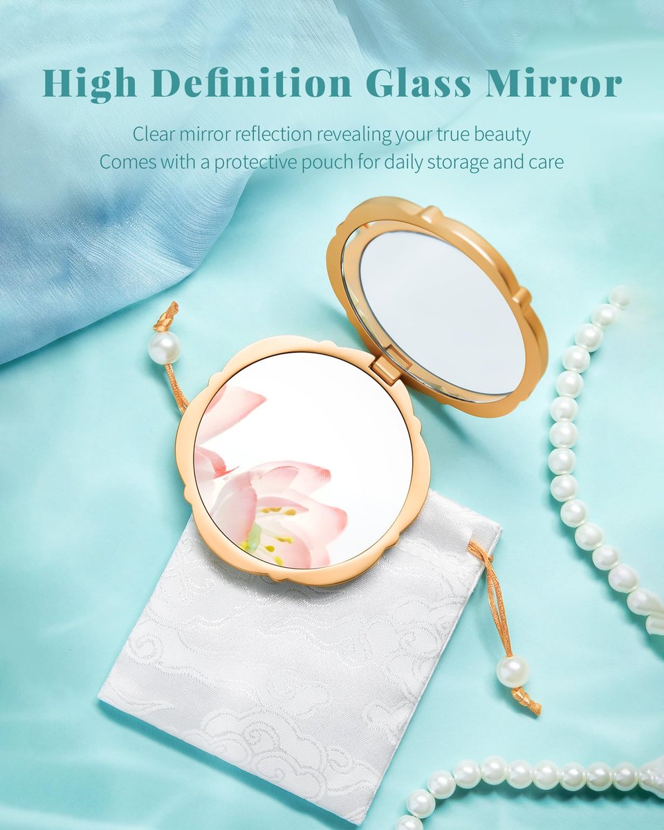 Imperblooms Lotus Bloom Compact Mirror – Small 2X Magnifying Makeup Mirror for Purse, Mini Portable Folding Blue Mirror, Chinese Style Gift for Women & Girls Avelisse