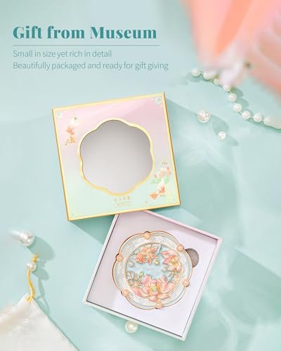 Imperblooms Lotus Bloom Compact Mirror – Small 2X Magnifying Makeup Mirror for Purse, Mini Portable Folding Blue Mirror, Chinese Style Gift for Women & Girls Avelisse