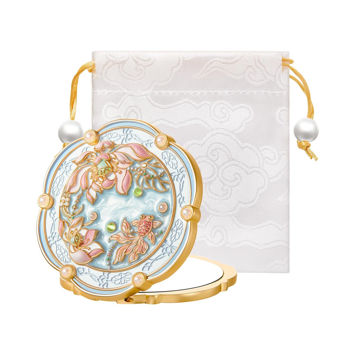 Imperblooms Lotus Bloom Compact Mirror – Small 2X Magnifying Makeup Mirror for Purse, Mini Portable Folding Blue Mirror, Chinese Style Gift for Women & Girls Avelisse