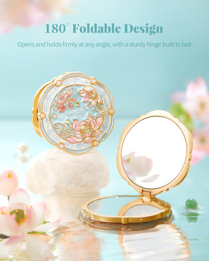 Imperblooms Lotus Bloom Compact Mirror – Small 2X Magnifying Makeup Mirror for Purse, Mini Portable Folding Blue Mirror, Chinese Style Gift for Women & Girls Avelisse