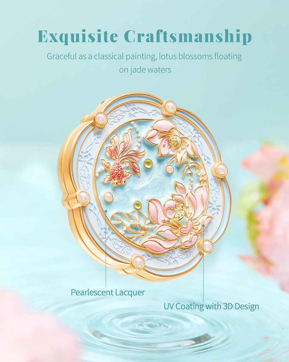 Imperblooms Lotus Bloom Compact Mirror – Small 2X Magnifying Makeup Mirror for Purse, Mini Portable Folding Blue Mirror, Chinese Style Gift for Women & Girls Avelisse