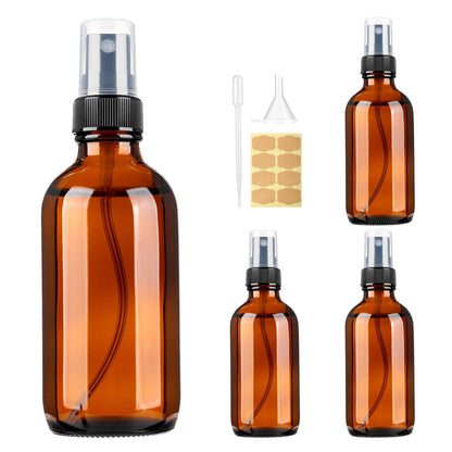 Vitreaux 4oz Amber Glass Spray Bottles - Fine Mist Sprayer Set of 4 - Refillable Small Spray Bottles for Oil, Perfume, Body Sprays & Travel