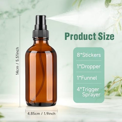 Vitreaux 4oz Amber Glass Spray Bottles - Fine Mist Sprayer Set of 4 - Refillable Small Spray Bottles for Oil, Perfume, Body Sprays & Travel