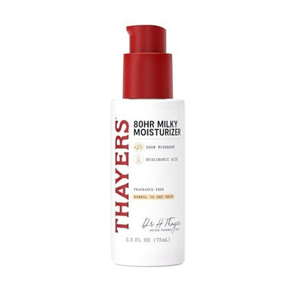 THAYERS 80HR Face Moisturizer with Hyaluronic Acid and Snow Mushroom, Lightweight Fragrance Free Face Cream for Normal to Dry Skin, 2.5 Oz