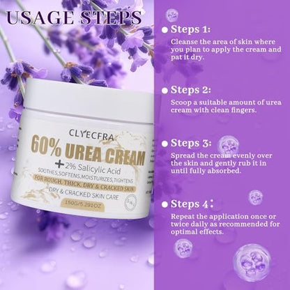 Clyecfra 5-in-1 60% Urea Cream with 2% Salicylic Acid – Maximum Strength Moisturizer for Rough, Dry, Thick & Cracked Skin, Callus Remover, Deep Hydration, 150g