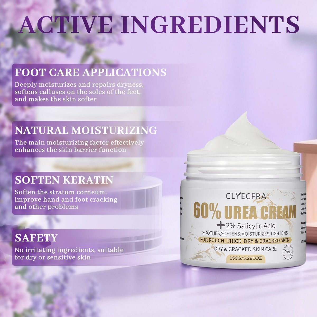 Clyecfra 5-in-1 60% Urea Cream with 2% Salicylic Acid – Maximum Strength Moisturizer for Rough, Dry, Thick & Cracked Skin, Callus Remover, Deep Hydration, 150g - görsel 5