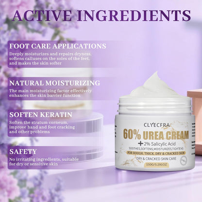 Clyecfra 5-in-1 60% Urea Cream with 2% Salicylic Acid – Maximum Strength Moisturizer for Rough, Dry, Thick & Cracked Skin, Callus Remover, Deep Hydration, 150g