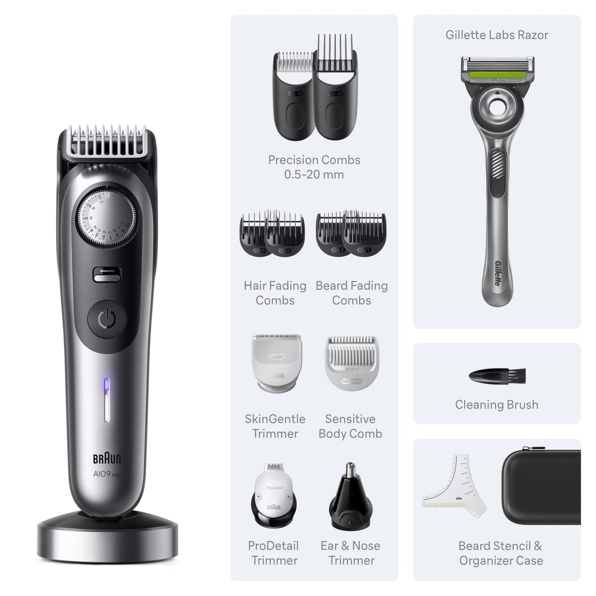 Braun Series 9 PRO All-in-One Beard & Body Grooming Kit for Men, Cordless Trimmer, Hair Clippers & Shaver for Face, Hair & Body with Gillette Labs Razor, AIO 9570 Avelisse