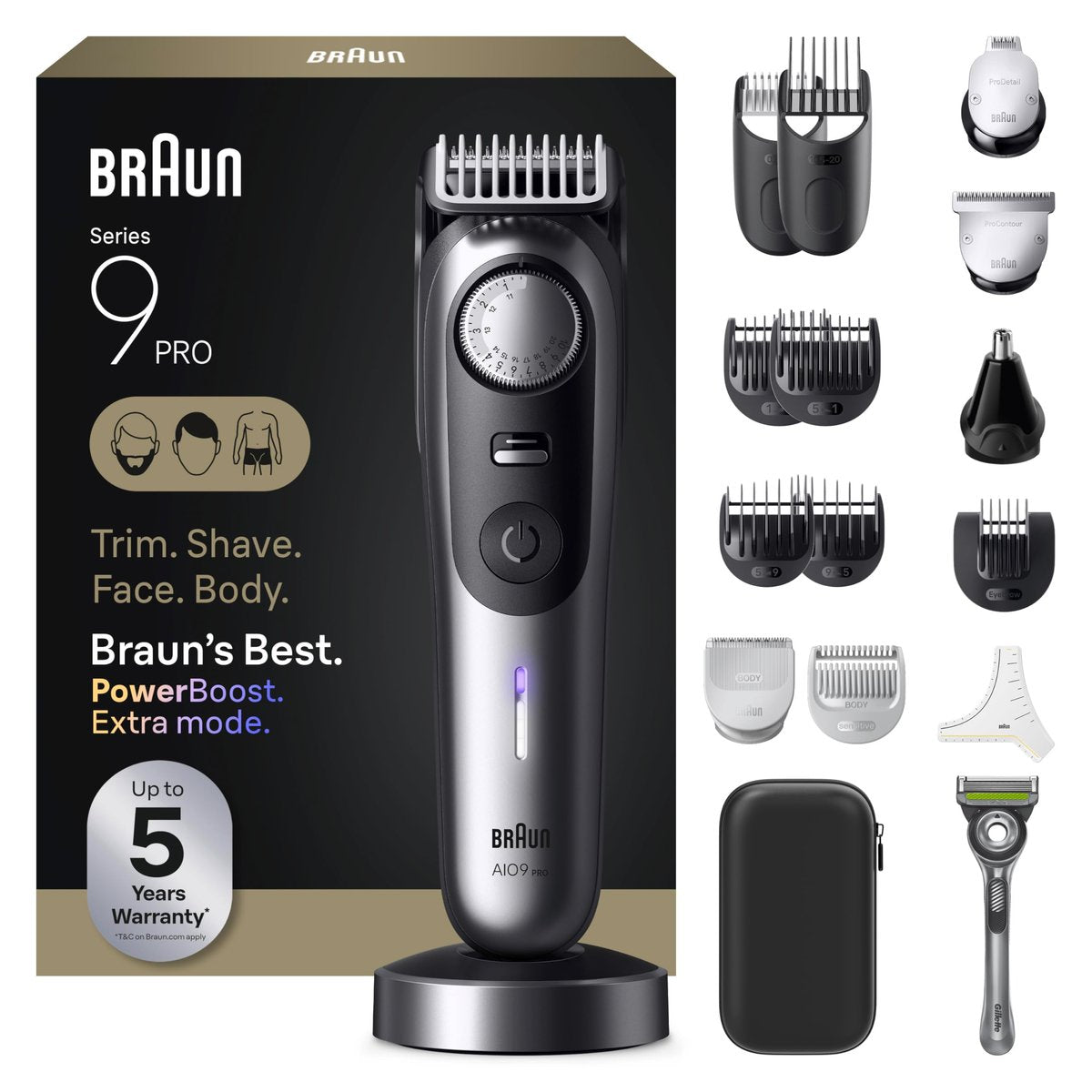 Braun Series 9 PRO All-in-One Beard & Body Grooming Kit for Men, Cordless Trimmer, Hair Clippers & Shaver for Face, Hair & Body with Gillette Labs Razor, AIO 9570 Avelisse