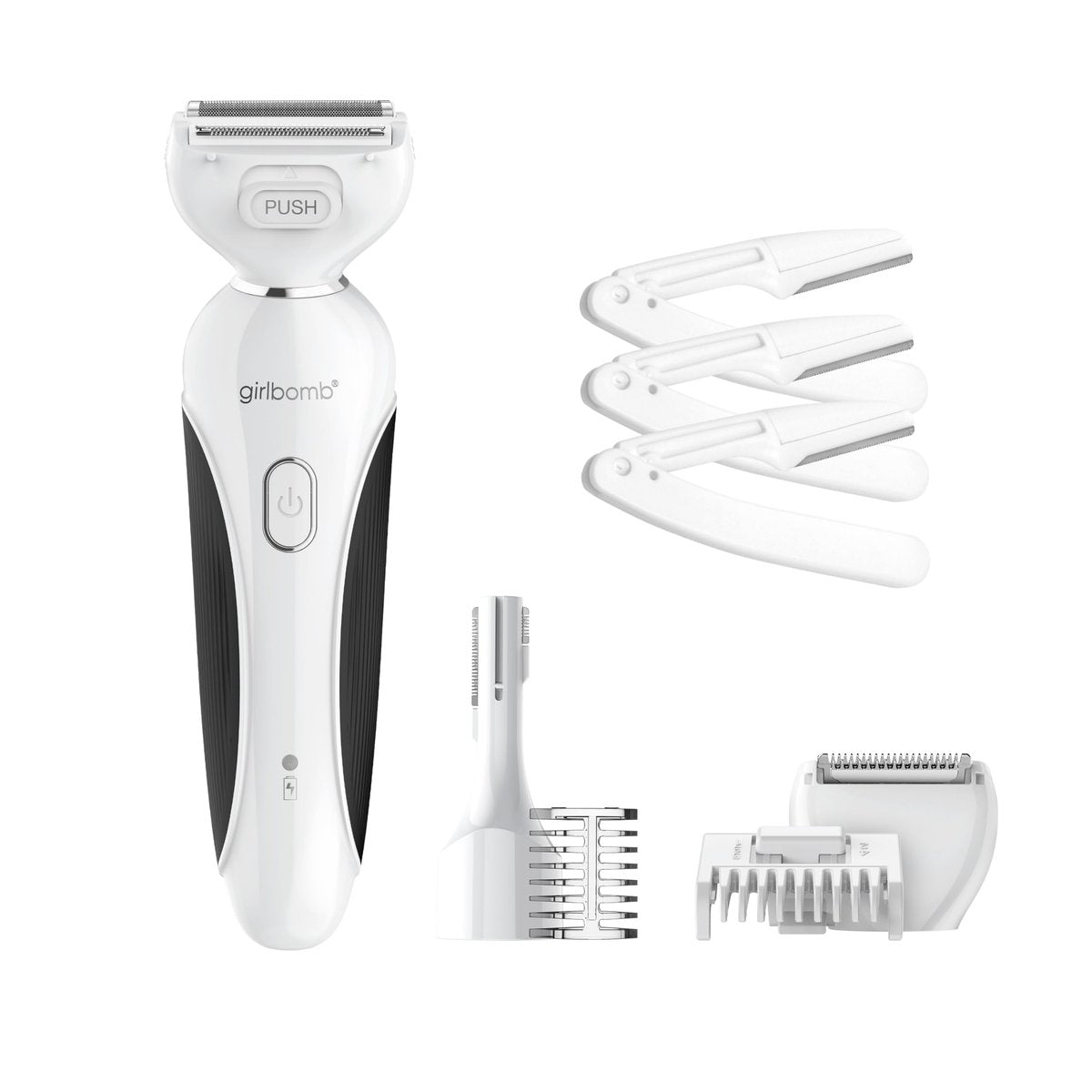 Conair Girlbomb All-in-One Shave & Trim System – Foil Shaver, Dual-Blade Face & Eyebrow Trimmer, Bikini Trimmer for Women, Gentle Hair Removal, Lithium-Ion Rechargeable with USB Charging Cord, White Avelisse