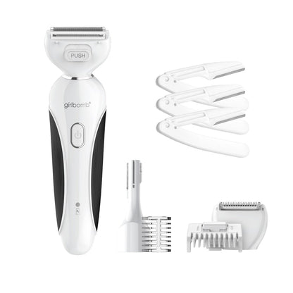 Conair Girlbomb All-in-One Shave & Trim System – Foil Shaver, Dual-Blade Face & Eyebrow Trimmer, Bikini Trimmer for Women, Gentle Hair Removal, Lithium-Ion Rechargeable with USB Charging Cord, White Avelisse