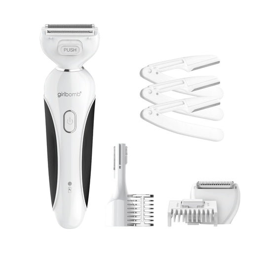Conair Girlbomb All-in-One Shave & Trim System – Foil Shaver, Dual-Blade Face & Eyebrow Trimmer, Bikini Trimmer for Women, Gentle Hair Removal, Lithium-Ion Rechargeable with USB Charging Cord, White Avelisse