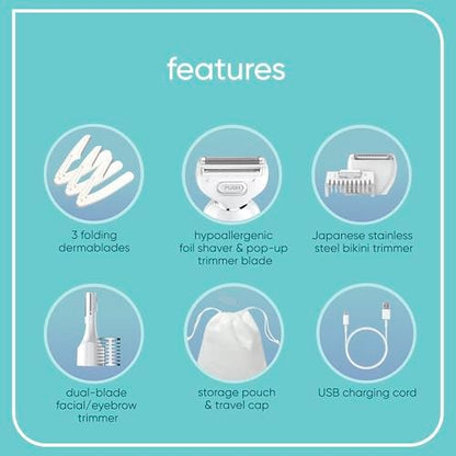 Conair Girlbomb All-in-One Shave & Trim System – Foil Shaver, Dual-Blade Face & Eyebrow Trimmer, Bikini Trimmer for Women, Gentle Hair Removal, Lithium-Ion Rechargeable with USB Charging Cord, White Avelisse