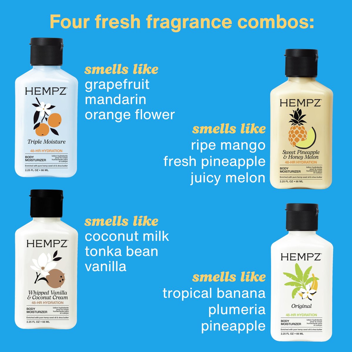 Hempz Mini Moisturizer Kit: Everyday Hydrating Lotion 4-Pack Travel Hand Cream Set (2.25 oz Each) - görsel 3