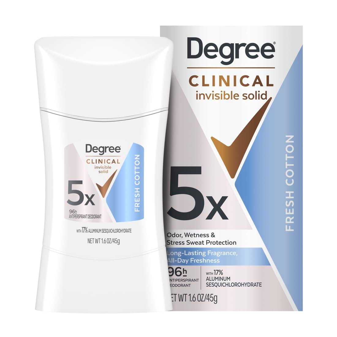 Degree Clinical Strength Antiperspirant Deodorant 96-Hour Sweat and Odor Protection, Fresh Cotton Invisible Solid, 5x Types of Sweat, 1.6 oz - görsel 1