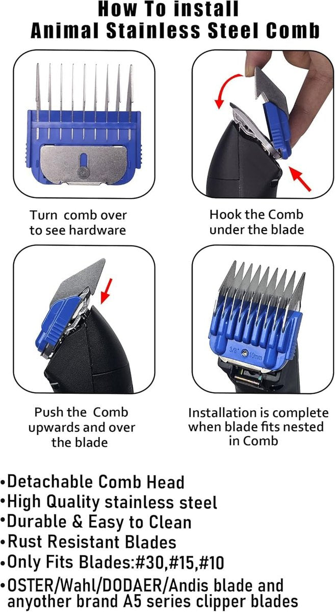 3-Pack Professional Animal Stainless Steel Attachment Guide Comb, Sizes 1/8" to 3/8", Compatible with Andis, Oster A5, Wahl KM10 Series Clipper Detachable Blade Pet, Dog, Cat, and Horse Clipper - görsel 7