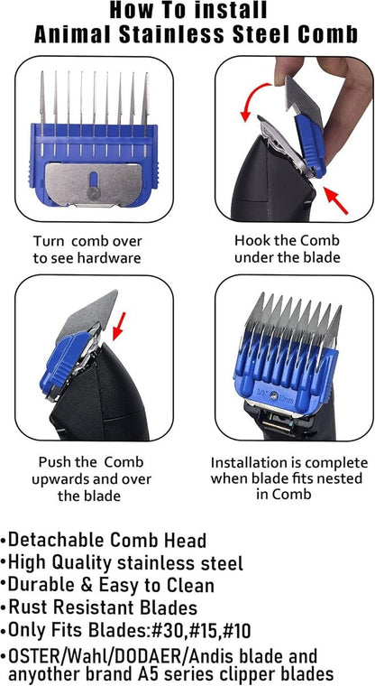 3-Pack Professional Animal Stainless Steel Attachment Guide Comb, Sizes 1/8" to 3/8", Compatible with Andis, Oster A5, Wahl KM10 Series Clipper Detachable Blade Pet, Dog, Cat, and Horse Clipper