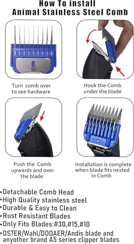 3-Pack Professional Animal Stainless Steel Attachment Guide Comb, Sizes 1/8" to 3/8", Compatible with Andis, Oster A5, Wahl KM10 Series Clipper Detachable Blade Pet, Dog, Cat, and Horse Clipper