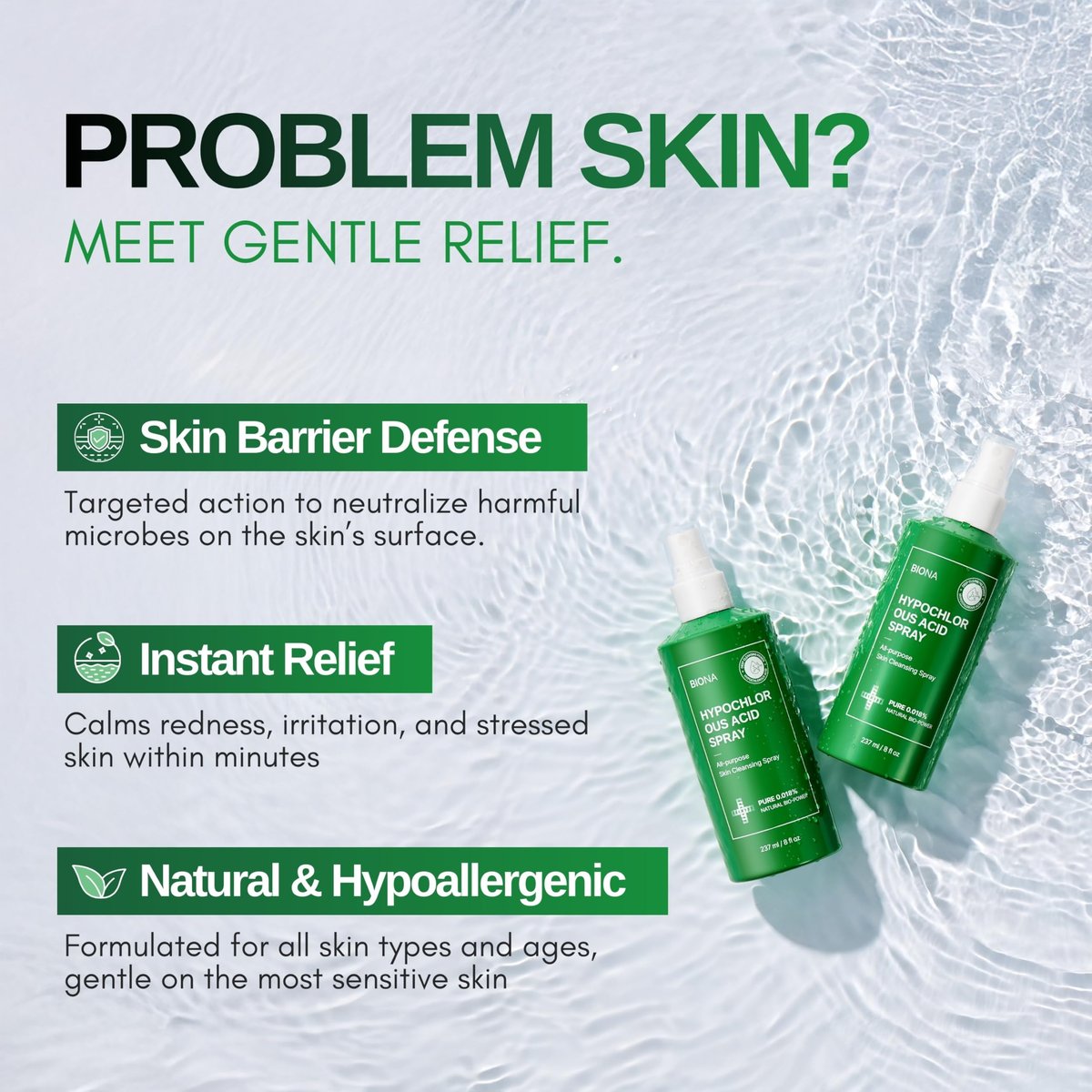 BIONA Pure Hypochlorous Acid Spray 0.018% – pH-Balanced Calming & Soothing Cleanser for Face & Skin – Safe for Acne, Eczema, Irritation, Redness, Baby Rashes – All Ages & Skin Types – 8 oz - görsel 3