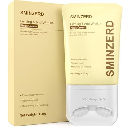 SMINZERD 4.23oz Neck Firming Cream with Roller - Anti-Aging Moisturizer for Crepey Skin, Smooths Wrinkles & Fine Lines, Lifts & Firms with Collagen Peptides & Hyaluronic Acid