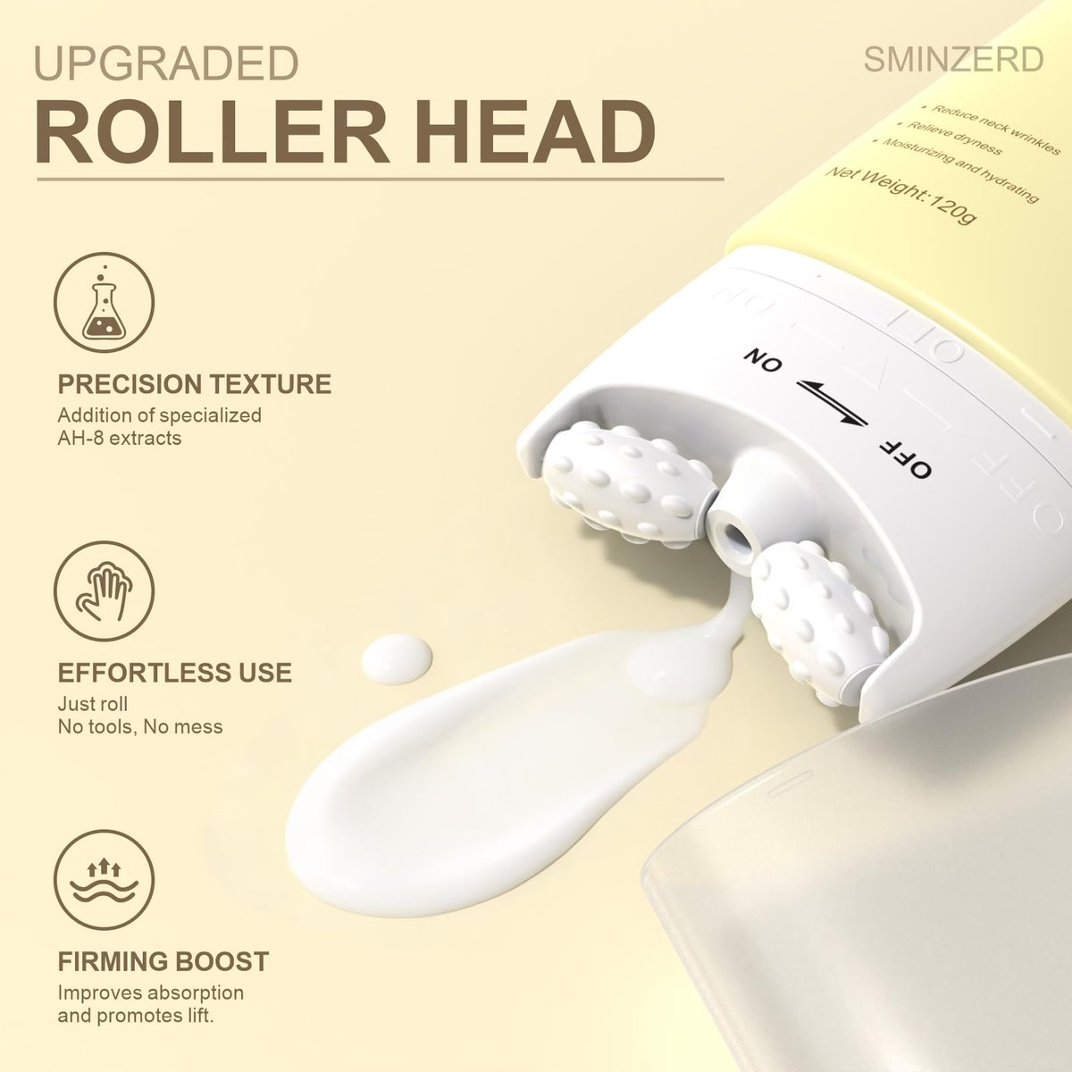 SMINZERD 4.23oz Neck Firming Cream with Roller - Anti-Aging Moisturizer for Crepey Skin, Smooths Wrinkles & Fine Lines, Lifts & Firms with Collagen Peptides & Hyaluronic Acid - görsel 5