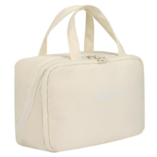 Lovqiao Large Capacity Makeup Bag – Waterproof Travel Cosmetic Case with Brush Holder & Multi Compartments, Beige Toiletry Bag for Women