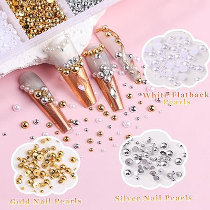 8000Pcs 3D Nail Charms and Nail Gems - Mixed Shapes and Colors Gold Silver Cross Star Caviar Beads Pearls Pink White Flowers Bows Charms with Tweezers for Nail Art Design Junk Case