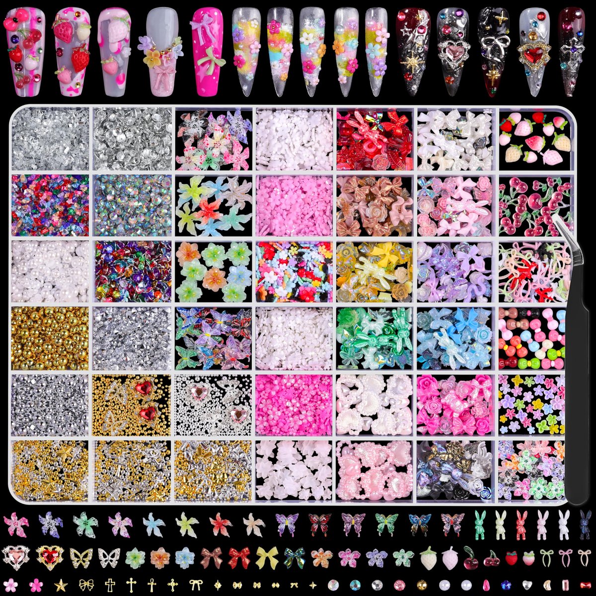 8000Pcs 3D Nail Charms and Nail Gems - Mixed Shapes and Colors Gold Silver Cross Star Caviar Beads Pearls Pink White Flowers Bows Charms with Tweezers for Nail Art Design Junk Case - görsel 1