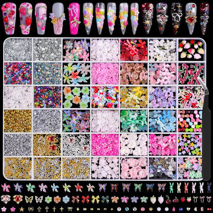 8000Pcs 3D Nail Charms and Nail Gems - Mixed Shapes and Colors Gold Silver Cross Star Caviar Beads Pearls Pink White Flowers Bows Charms with Tweezers for Nail Art Design Junk Case