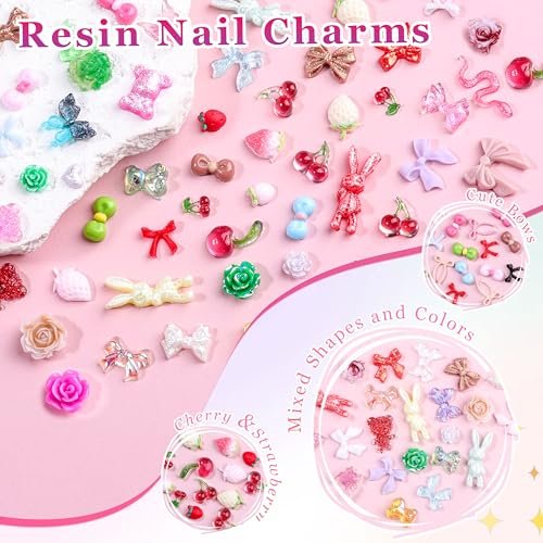 8000Pcs 3D Nail Charms and Nail Gems - Mixed Shapes and Colors Gold Silver Cross Star Caviar Beads Pearls Pink White Flowers Bows Charms with Tweezers for Nail Art Design Junk Case - görsel 4