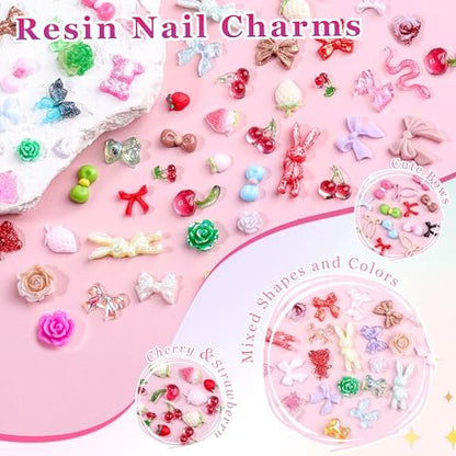 8000Pcs 3D Nail Charms and Nail Gems - Mixed Shapes and Colors Gold Silver Cross Star Caviar Beads Pearls Pink White Flowers Bows Charms with Tweezers for Nail Art Design Junk Case