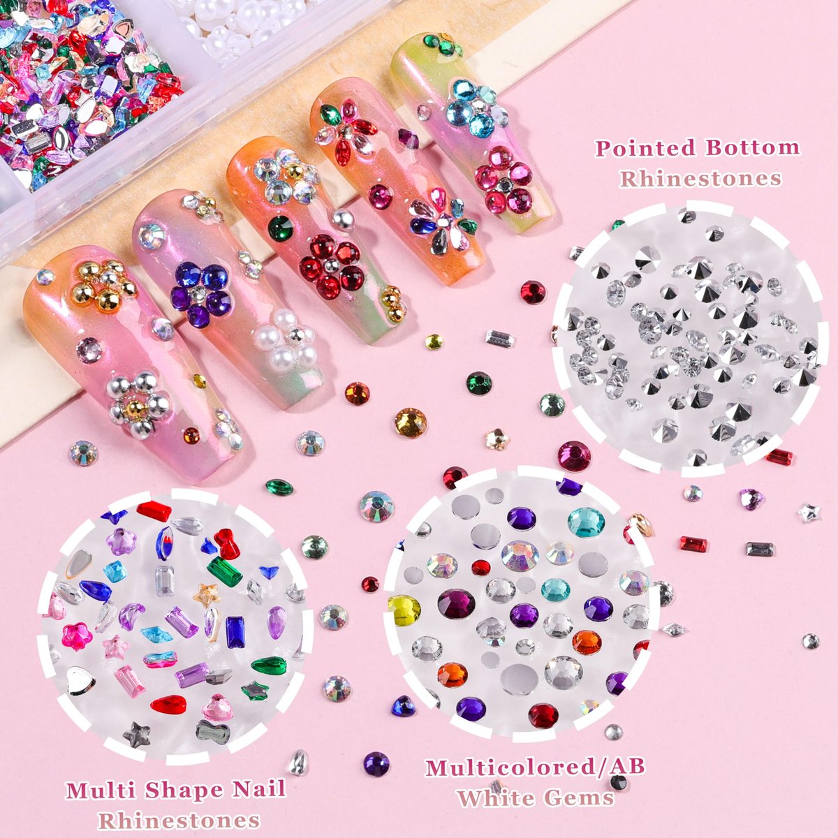 8000Pcs 3D Nail Charms and Nail Gems - Mixed Shapes and Colors Gold Silver Cross Star Caviar Beads Pearls Pink White Flowers Bows Charms with Tweezers for Nail Art Design Junk Case - görsel 13
