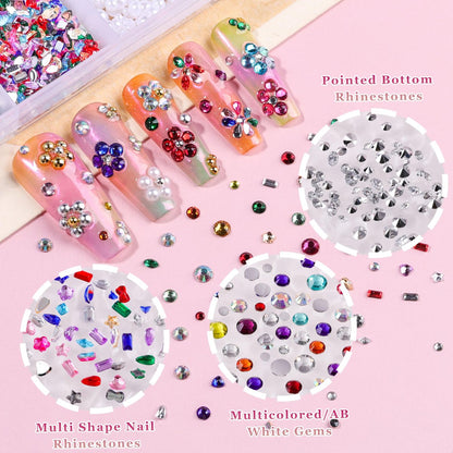 8000Pcs 3D Nail Charms and Nail Gems - Mixed Shapes and Colors Gold Silver Cross Star Caviar Beads Pearls Pink White Flowers Bows Charms with Tweezers for Nail Art Design Junk Case