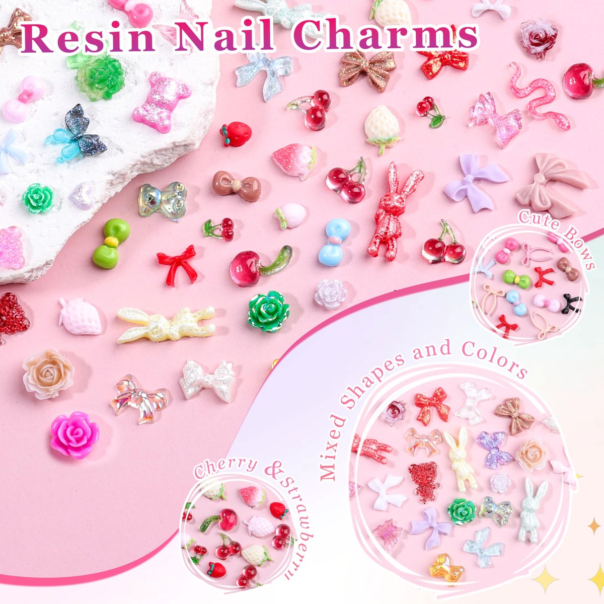 8000Pcs 3D Nail Charms and Nail Gems - Mixed Shapes and Colors Gold Silver Cross Star Caviar Beads Pearls Pink White Flowers Bows Charms with Tweezers for Nail Art Design Junk Case - görsel 3